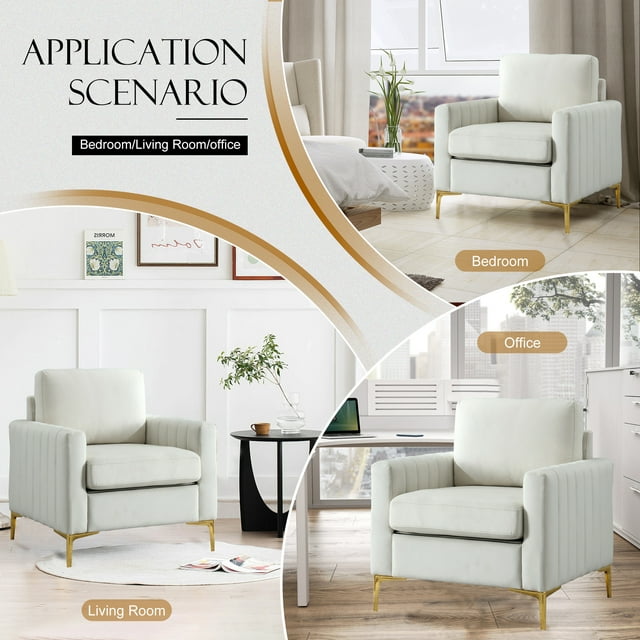 Muumblus Modern Accent Chair, Upholstered Single Sofa Chair Club Arm Chair for Living Room, Comfy Armchair with Metal Legs, Tufted Chair for Reading, Beige Velvet
