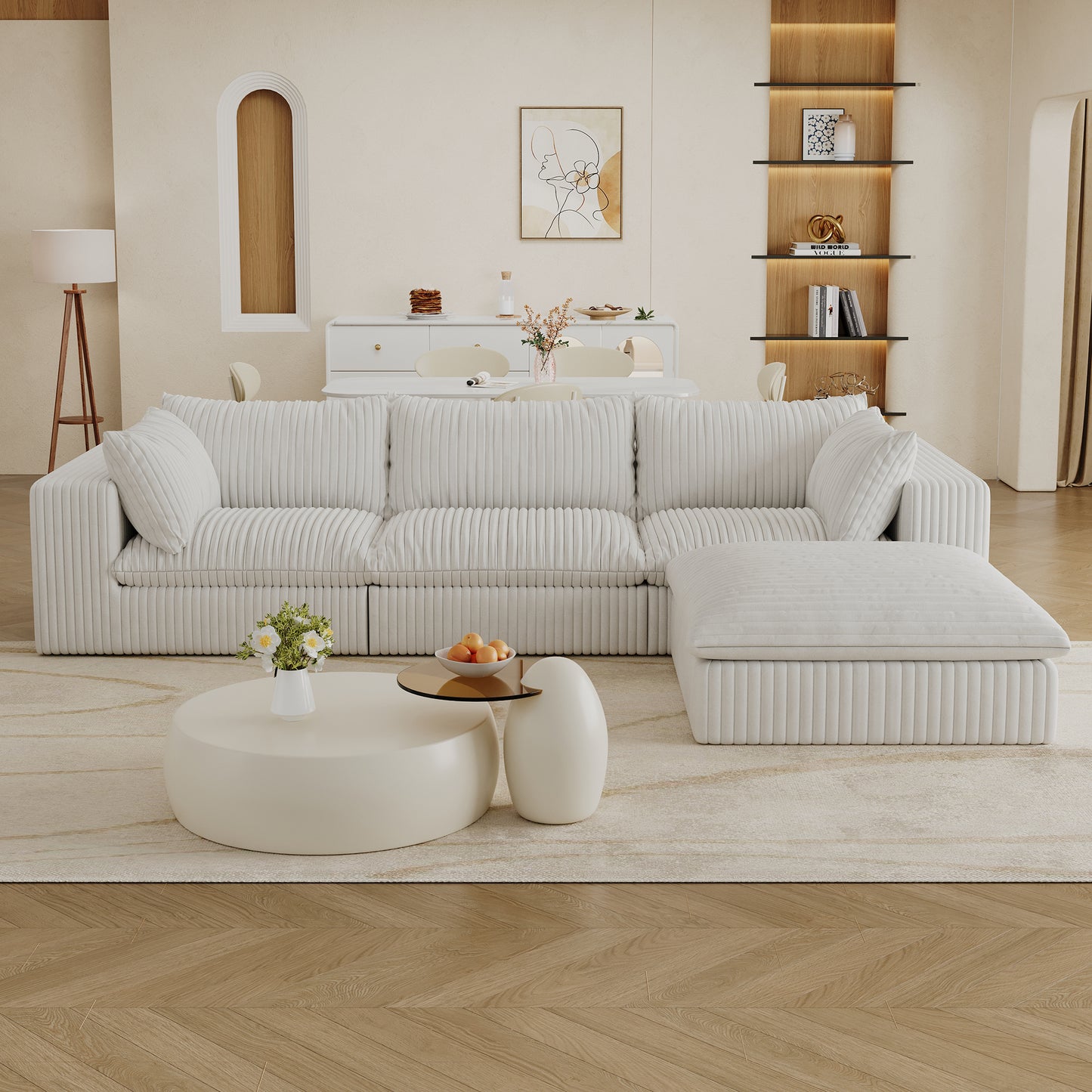 Muumblus Modular Sectional Sofa with Movable Ottoman, L-Shaped Deep Seat Corduroy Cloud Couch, No Assembly Boneless Couches for Living Room, White