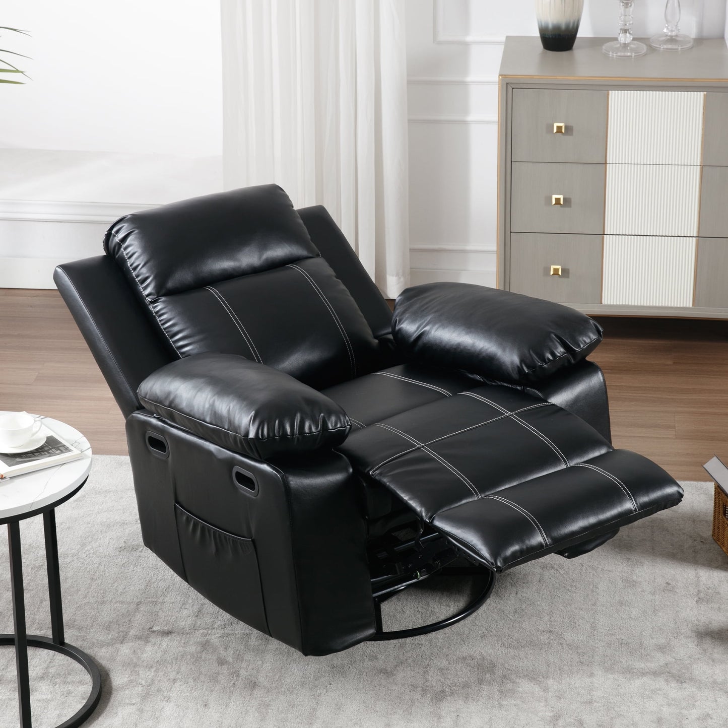 Muumblus Swivel Rocker Recliner with Heat and Massage, Power Recliner Chair for Living Room, Black Faux Leather