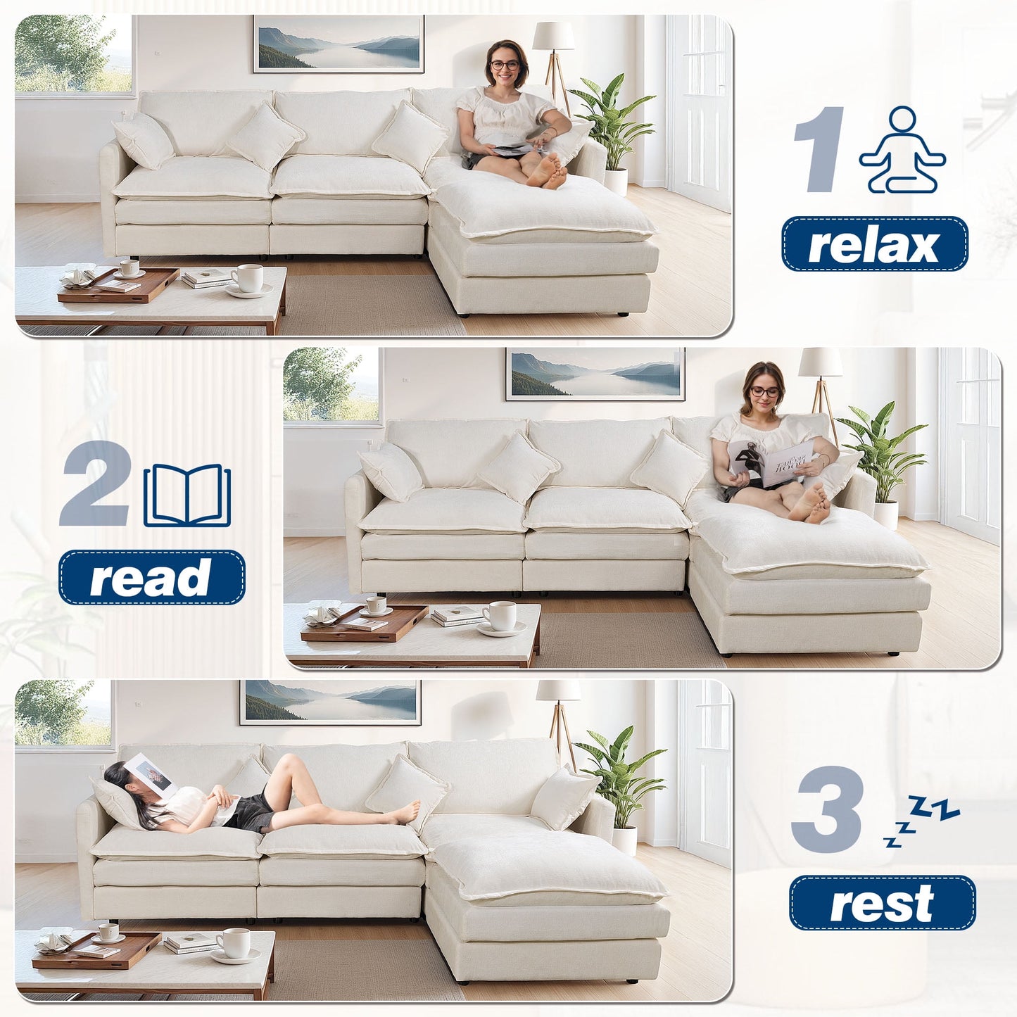 Muumblus Sectional Sofa Cloud Couch with Reversible Ottoman, L-Shaped Chenille Sofa for Living Rooms, Beige