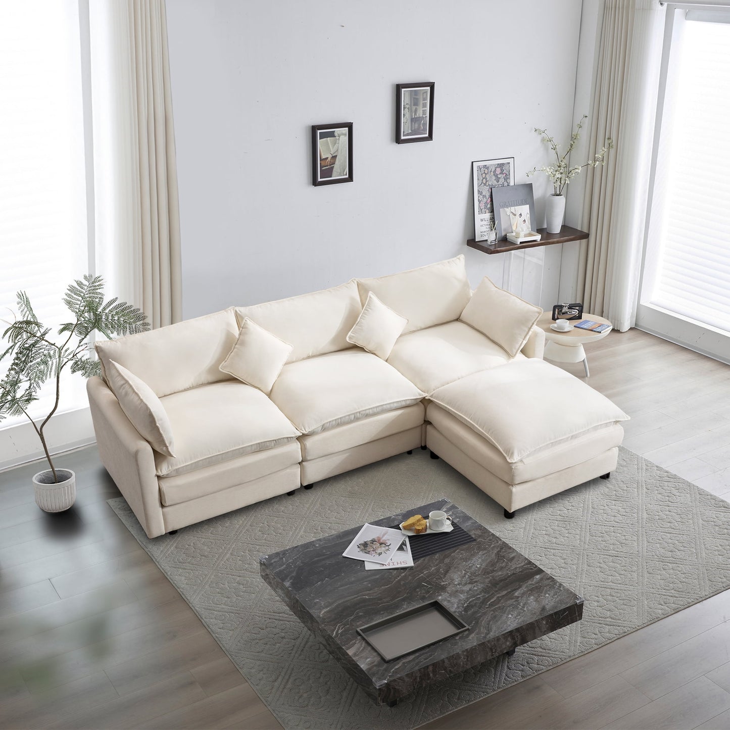 Muumblus Sectional Sofa Cloud Couch with Reversible Ottoman, L-Shaped Chenille Sofa for Living Rooms, Beige