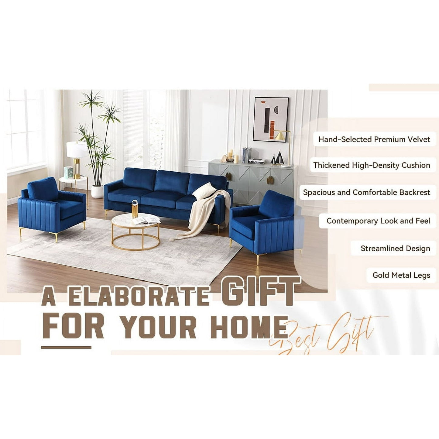 Muumblus 3 Pieces Velvet Living Room Furniture Sets, Modern Two Single Sofa Chairs and One 3-Seater Sofa Couch