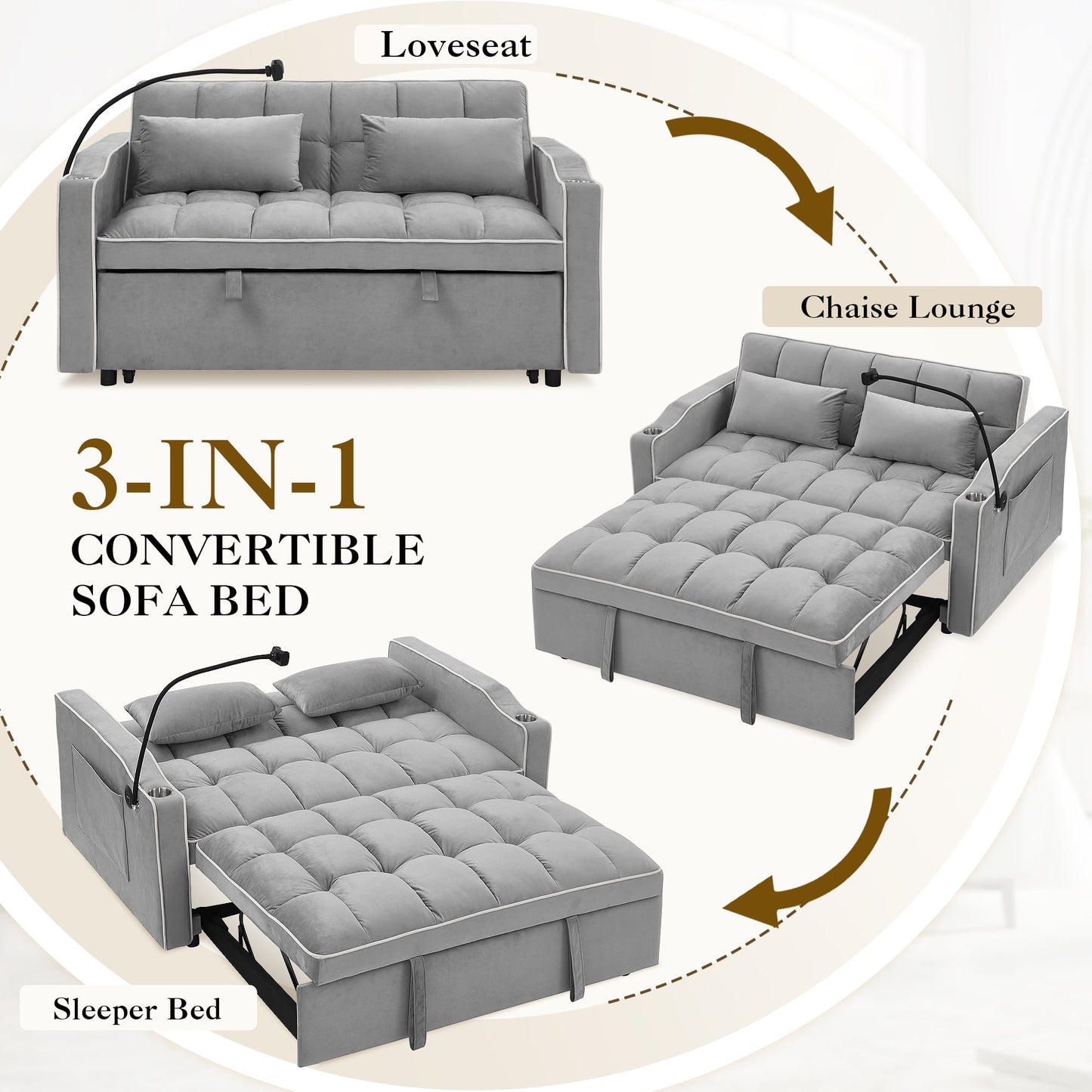 Muumblus 3-in-1 Convertible Futon Sofa Bed, Loveseat Sleeper with Phone Stand, USB, Gray Velvet