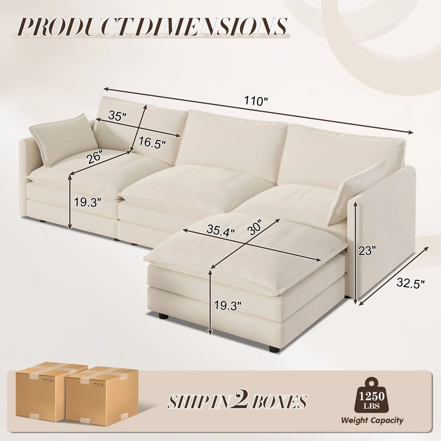 Muumblus 110" Oversized Modular Sectional Sofa with 2 Movable Ottoman, U Shaped Deep Seat Cloud Couch for Living Room, Beige Chenille