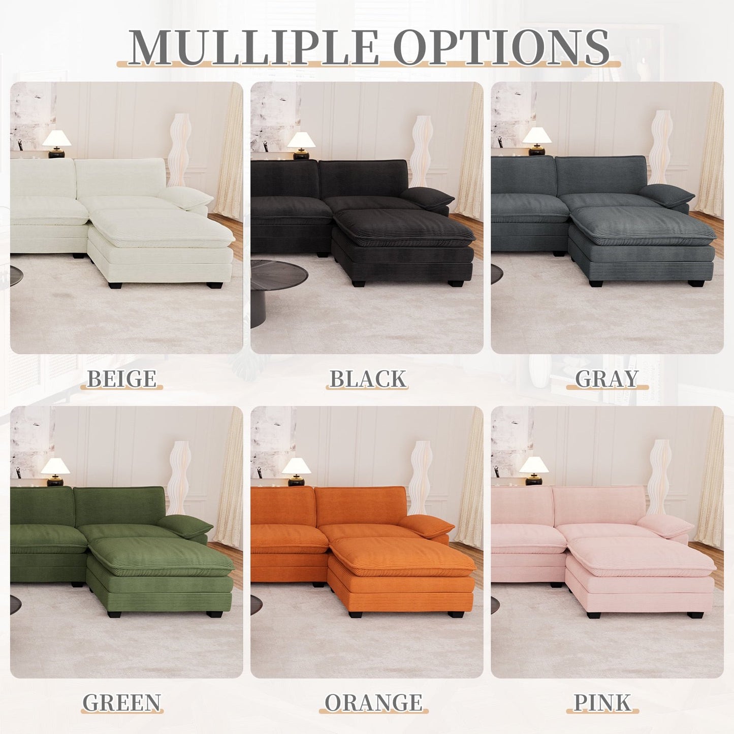 Muumblus Modular Sectional Cloud Sofa with 2 Ottoman, Oversized U-Shaped 3-seater Corduroy Couch for Living Room, Beige