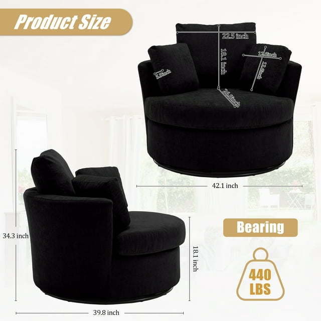 Muumblus Chenille Swivel Barrel Chair Accent Chair with Storage Ottoman, Oversized Comfy Armchair for Living Room Bedroom, Black