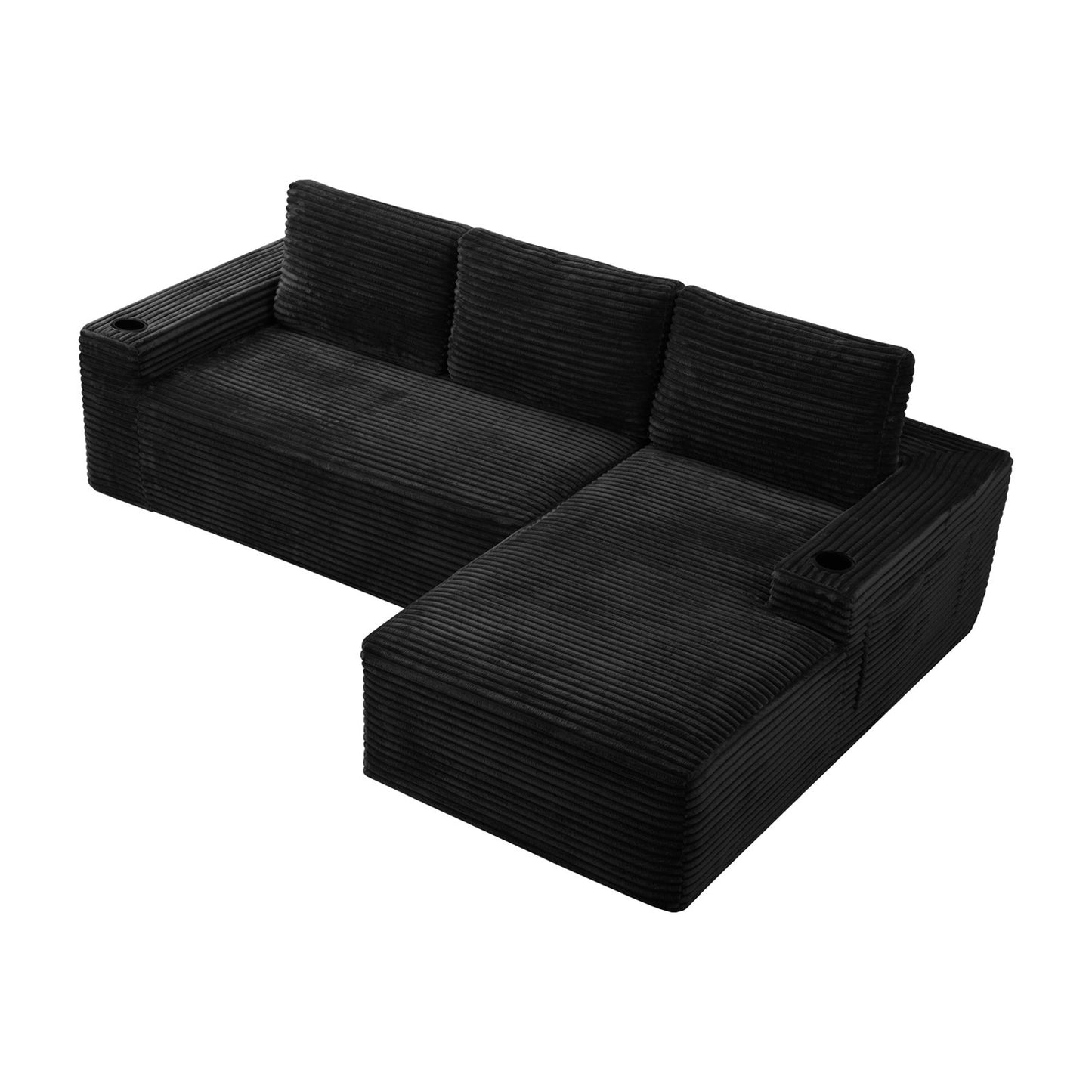 Muumblus 104" Ovsersiezd L-Shaped Modular Sectional Sofa with Cup Holders, Boneless Corduroy Cloud Couch for Living Room, Black（Right Facing Chaise）