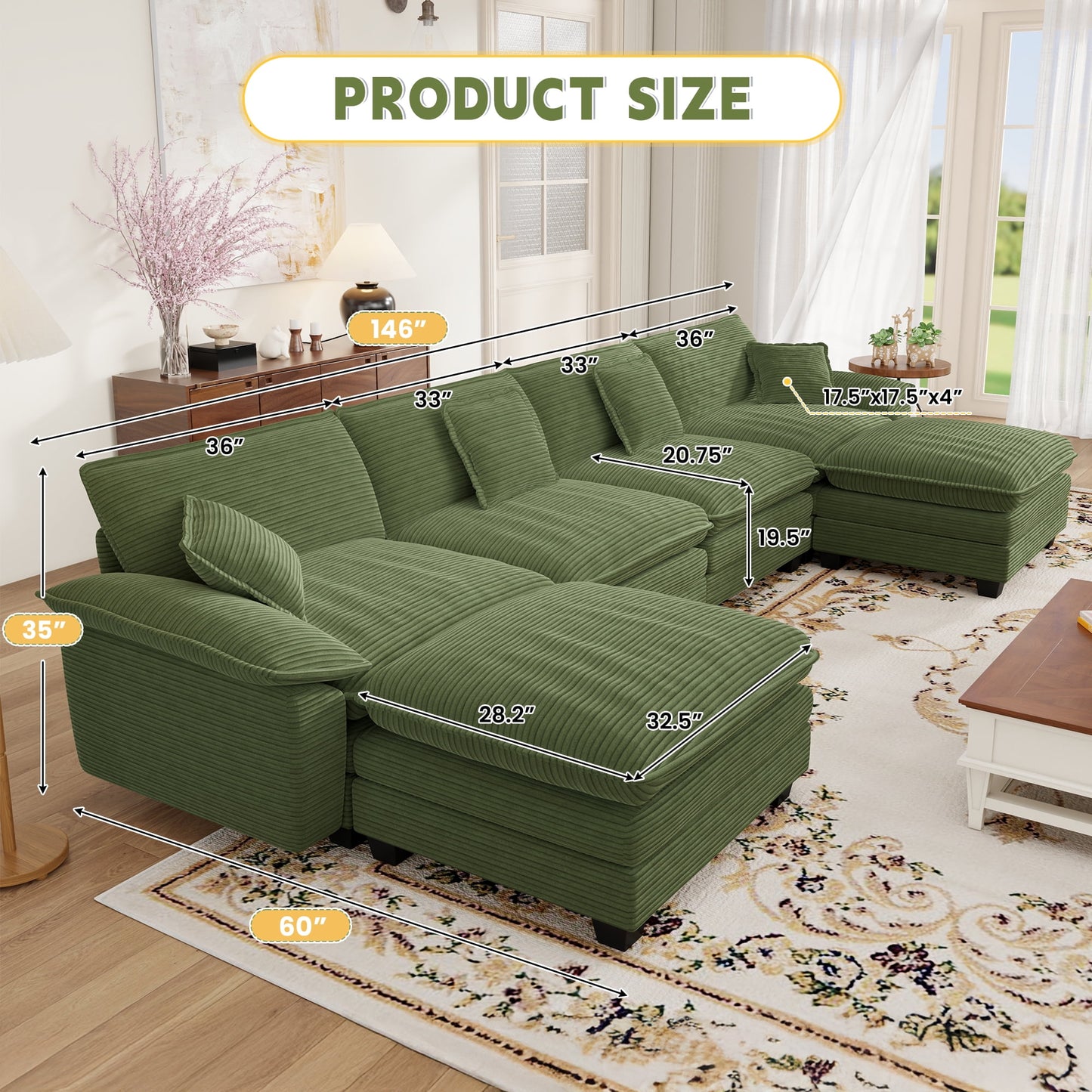 Muumblus Modular Sectional Cloud Couch with Ottoman, Oversized U-Shaped Corduroy Sofa for Living Room