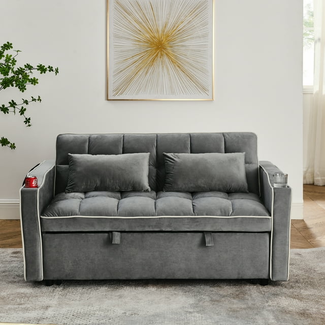Muumblus Pull Out Sofa Bed with Swivel Phone Stand, USB Port, 3-in-1 Convertible Futon Sofa Bed, Loveseat Sleeper for Living Room/Apratment, Gray Velvet