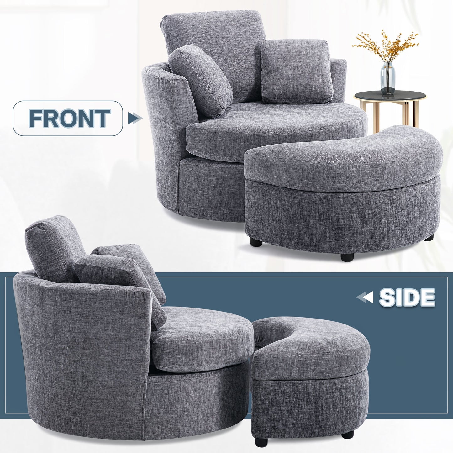 Muumblus Chenille Swivel Barrel Accent Chair with Storage Ottoman, Oversized Comfy Armchair for Living Room Bedroom