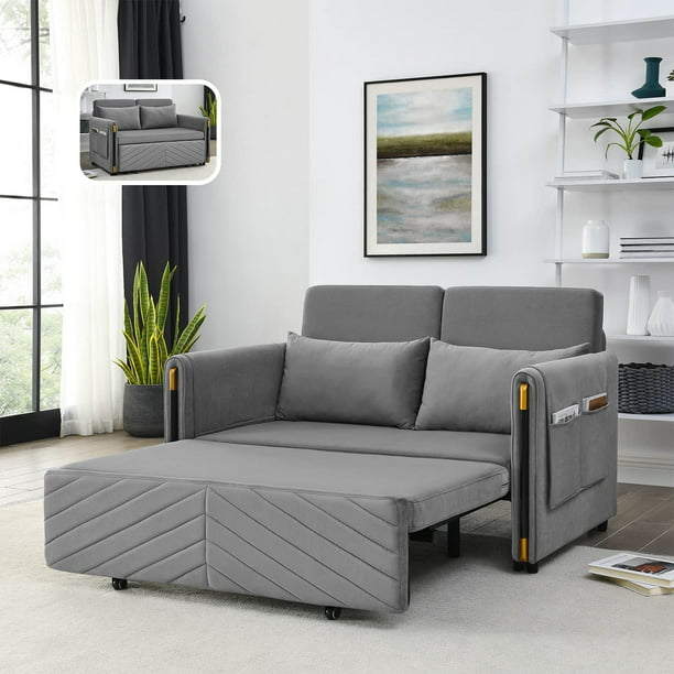 Muumblus 54" Pull Out Sleeper Sofa, Modern Velvet Convertible Loveseat Sleeper with Pull Out Bed for Living Room, Grey