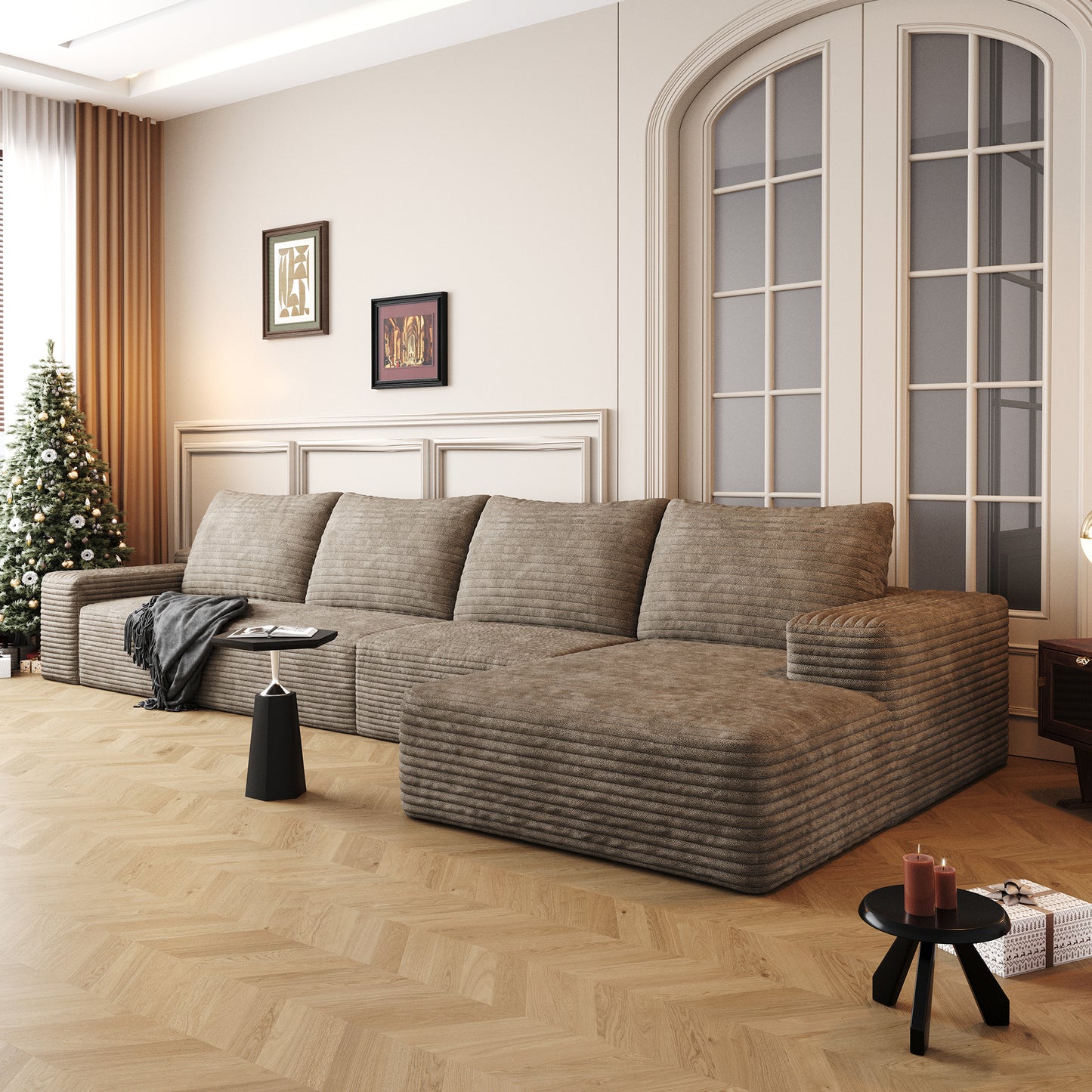 Muumblus 135" Cloud Sectional Sofa with Left Chaise, Cozy L-Shaped Modular Sofa, Plush Corduroy Sleeper Bed Couch, No Assembly Required, Black