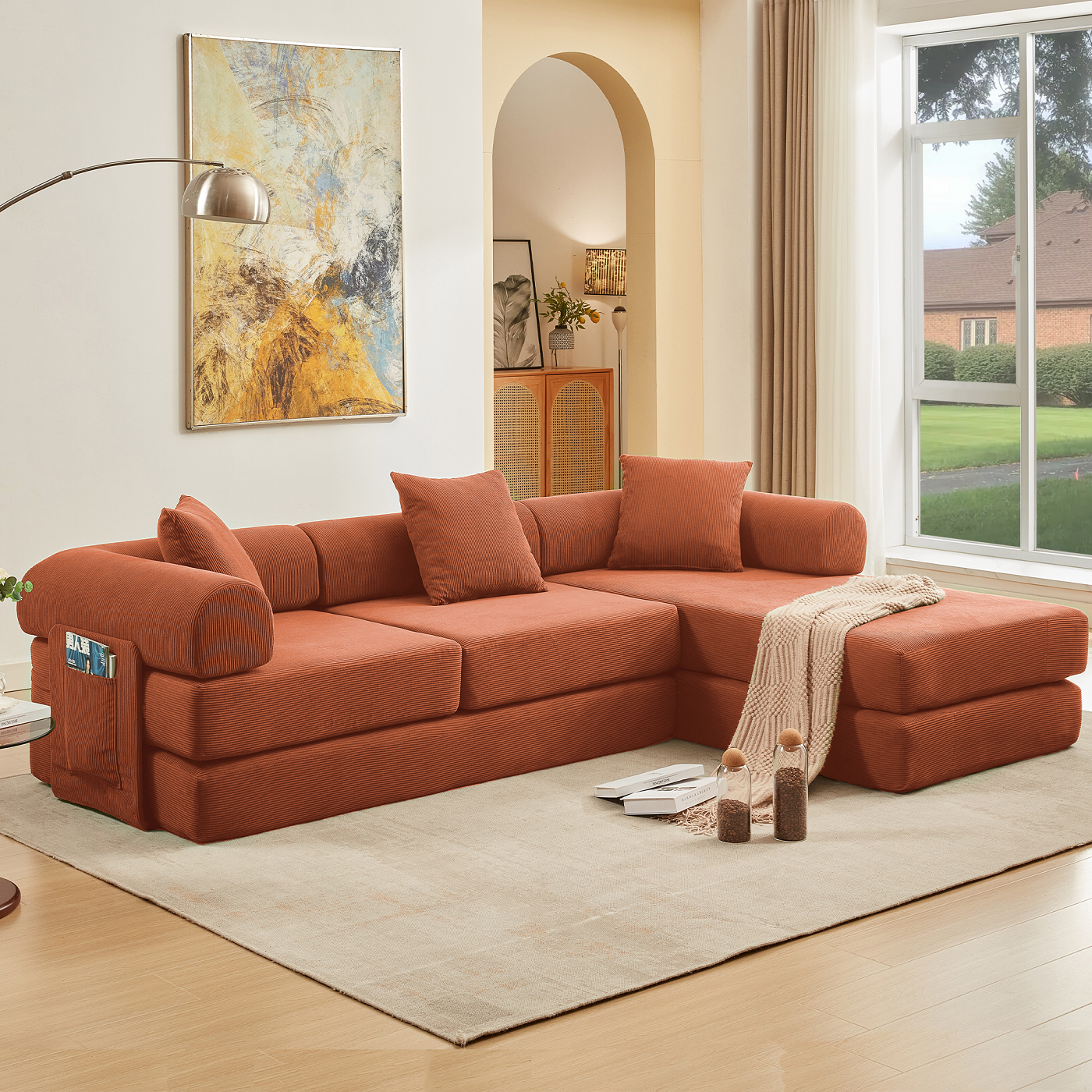 Muumblus L-Shape Convertible Floor Sofa Bed, Comfy Foldable Modular Sleeper Sectional Couch for Living Room, Bedroom
