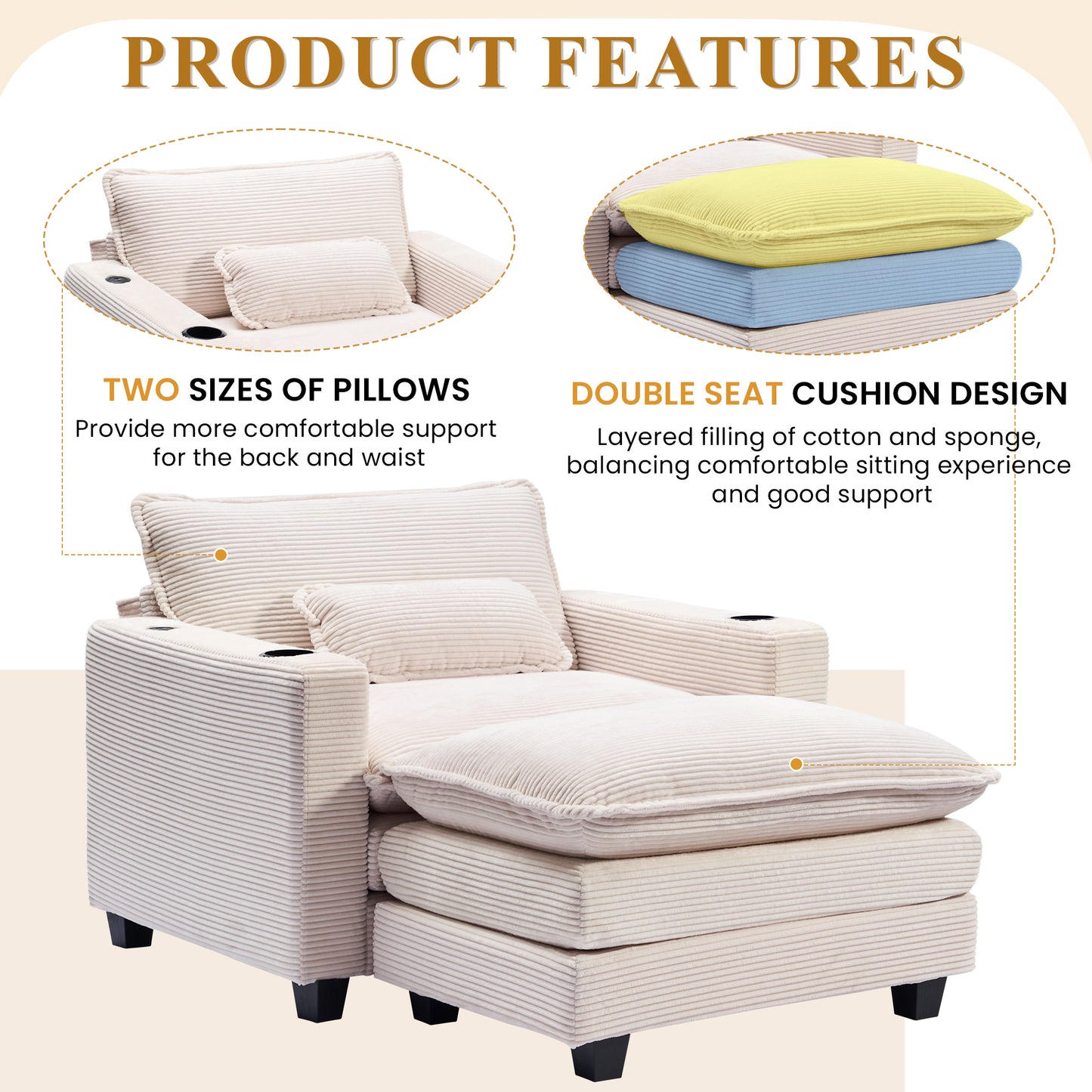 Muumblus 41.7" Oversized Lounge Accent Chair with Ottoman, Indoor Comfy Corduroy Armchair with USB, Beige