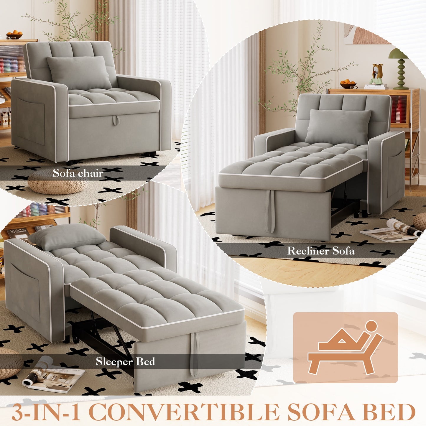 Muumblus Sleeper Sofa Chair Bed, 3-in-1 Convertible Sofa Chair