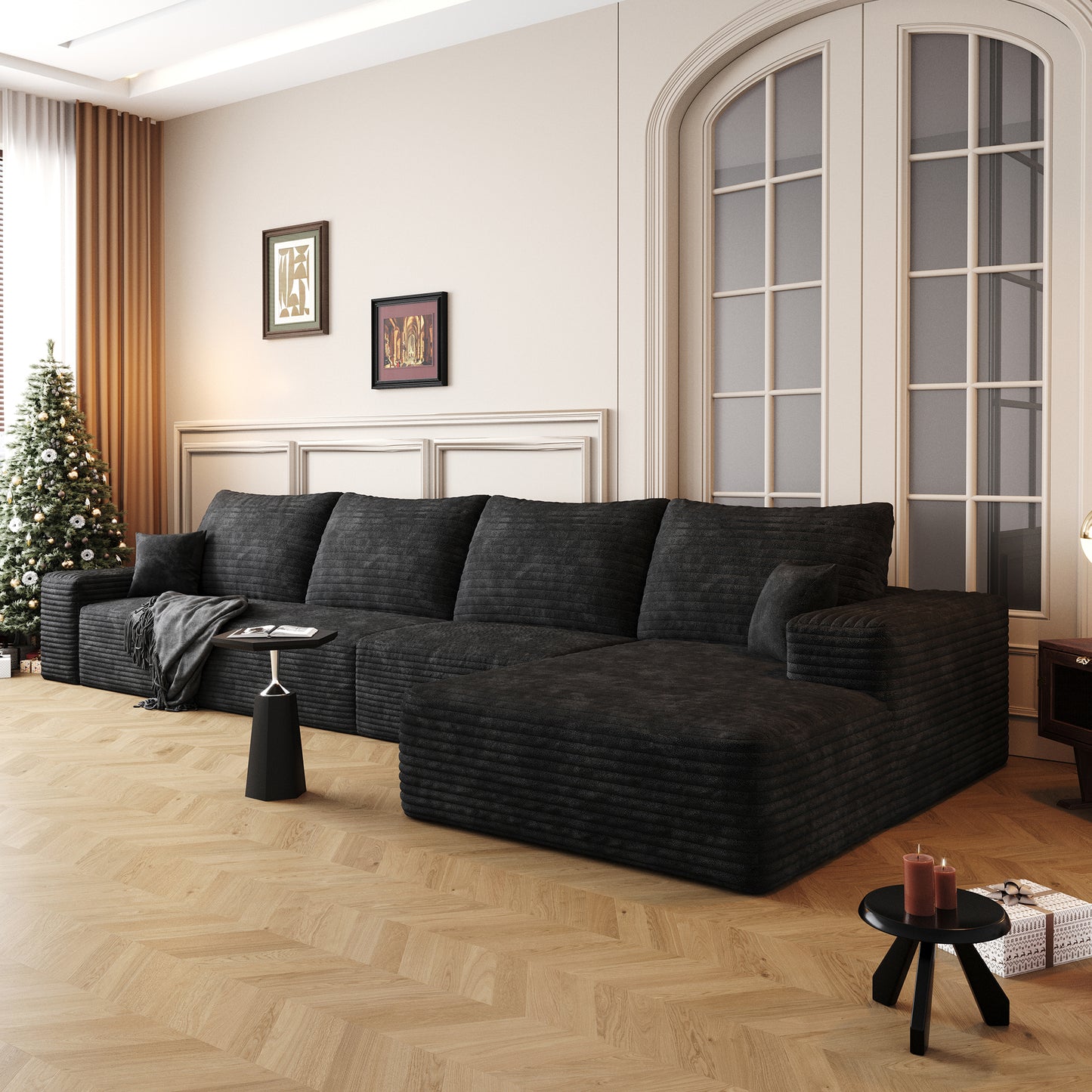 Muumblus 135" Cloud Sectional Sofa with Left Chaise, Cozy L-Shaped Modular Sofa, Plush Corduroy Sleeper Bed Couch, No Assembly Required, Black