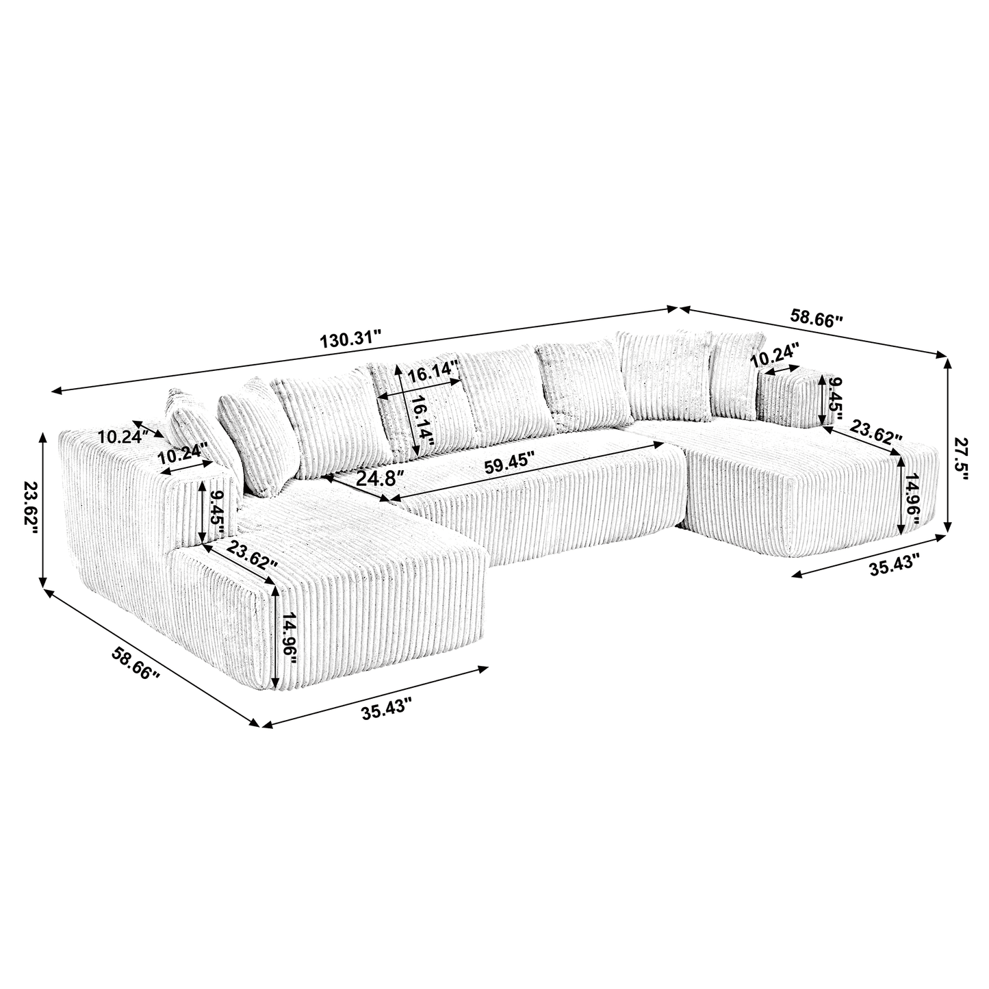 Muumblus 130.3" Oversized Modular Sectional Sofa, Corduroy U-Shaped Coch, Living Room Furniture Set, No Assembly Required, Gray