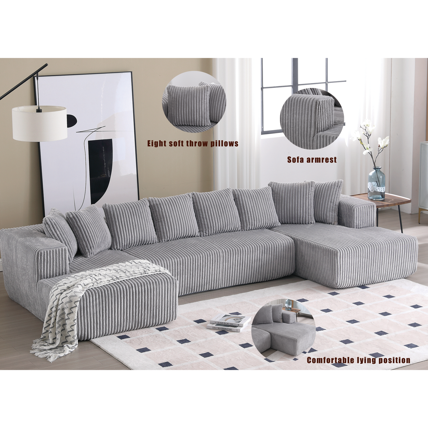 Muumblus 130.3" Oversized Modular Sectional Sofa, Corduroy U-Shaped Coch, Living Room Furniture Set, No Assembly Required, Gray