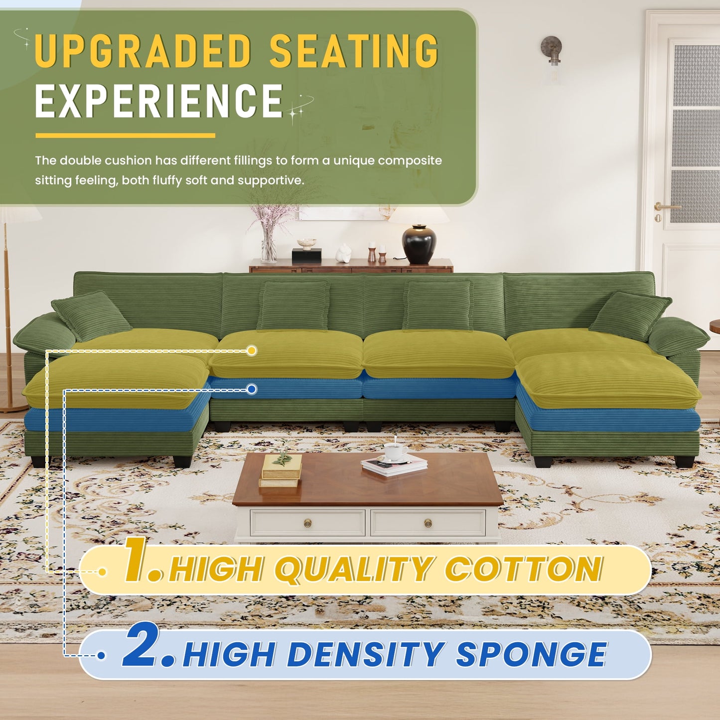 Muumblus Modular Sectional Cloud Couch with Ottoman, Oversized U-Shaped Corduroy Sofa for Living Room