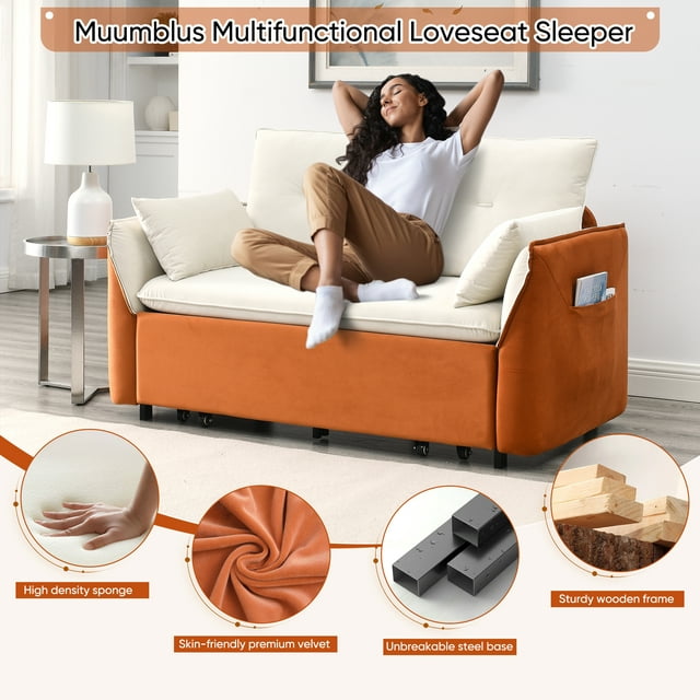 Muumblus 57" Pull Out Sofa Bed, Convertible Adult Sleeper Sofa Bed with Cushions&Throw