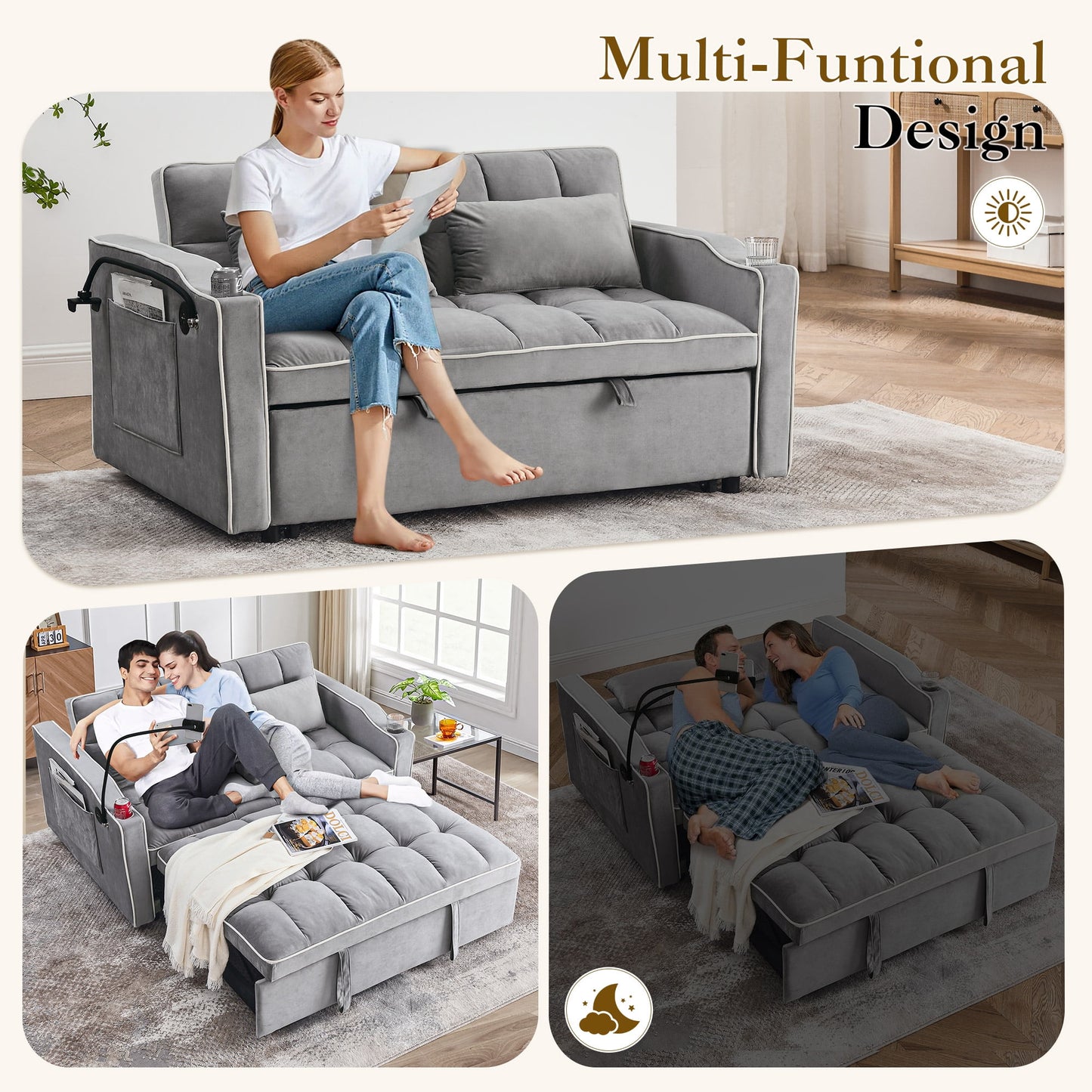 Muumblus 3-in-1 Convertible Futon Sofa Bed, Loveseat Sleeper with Phone Stand, USB, Gray Velvet