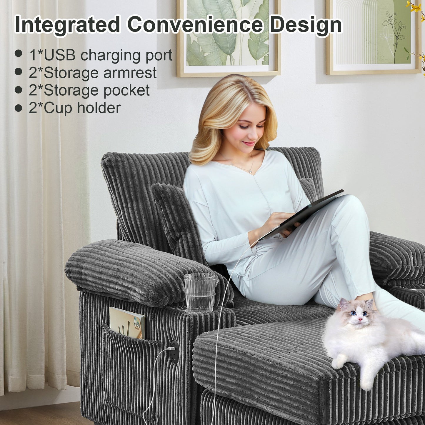 Muumblus Living Room Chair with Ottoman, 7-Speed Adjustable Backrest, USB & Storage Arms, Cozy Indoor Corduroy Lounge Armchair