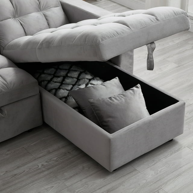 Muumblus 84" Convertible Sleeper Sofa Bed with Storage Chaise, L-Shaped Sectional Sofa, Queen Size Pull Out Sofa Bed in Gray Velvet