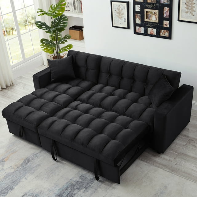 Muumblus 84" Convertible Sofa Bed, Pull Out Sofa Bed, Modern Tufted Sectional Sleeper Sofa with Storage Chaise, L Shaped Sofa Couch for Living Room, Black Velvet