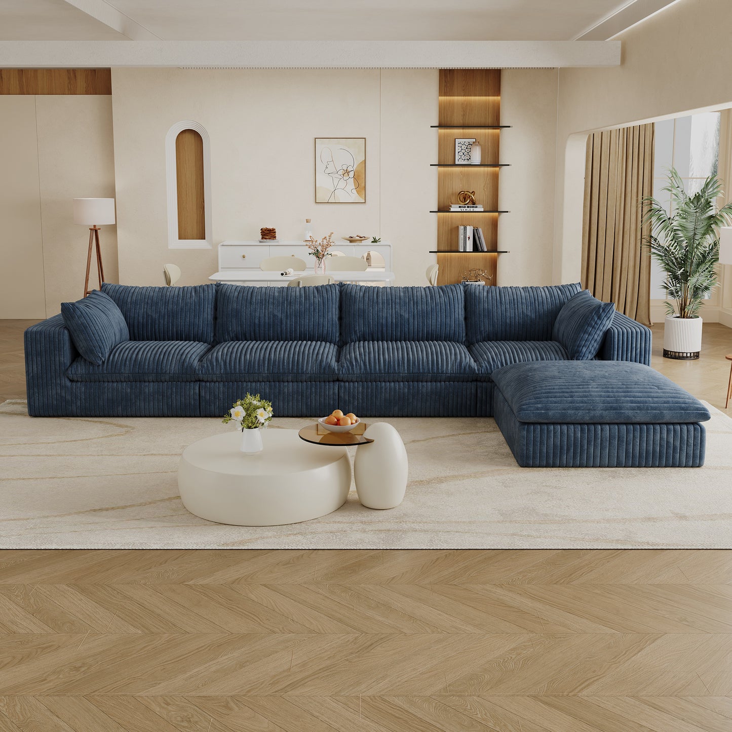 Muumblus Modular Sectional Sofa with Movable Ottoman, L-Shaped Deep Seat Corduroy Cloud Couch, No Assembly Boneless Couches for Living Room, White