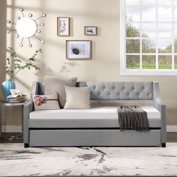Muumblus Full Size Adult Daybed with Drawers， Modern Upholstered Tufted Sofa Bed for Bedroom & Living Room， Button Back and Waved Shape Arms, Gray