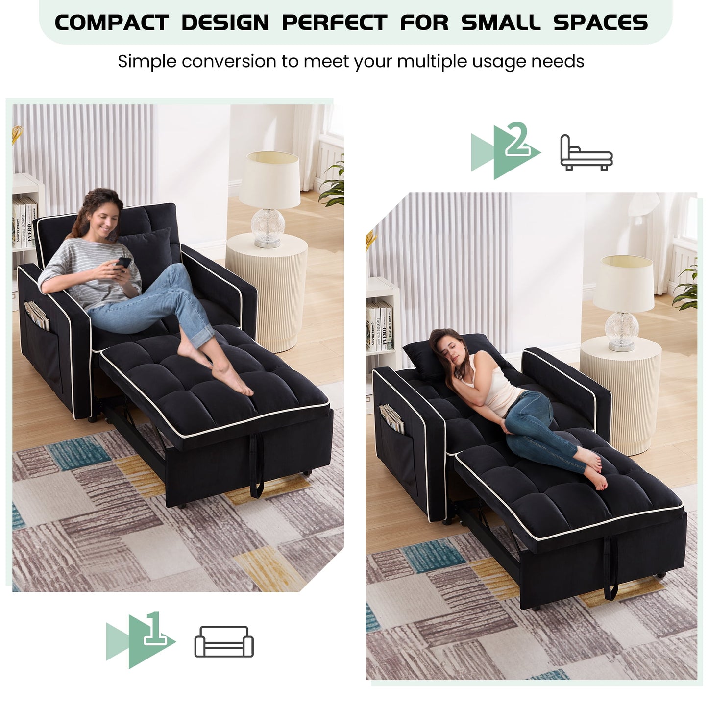 Muumblus 3-in-1 Convertible Chair Bed, Sleeper Chair Lounge Chair Indoor, Modern Single Pull Out Couch for Living Room, Black Velvet