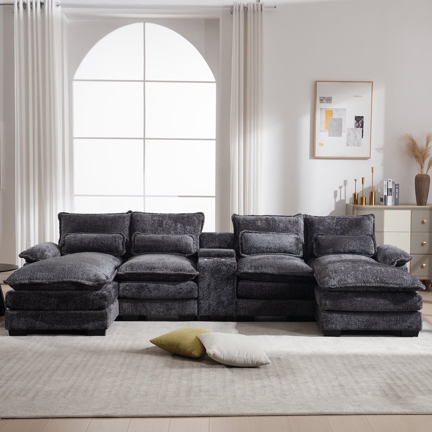 Muumblus 123" Sectional Modular Sofa with Storage Console, Oversized Chenille U-Shaped Couch, Gray