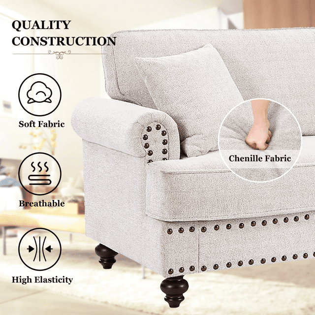 Muumblus 2 Pieces Chenille Living Room Sets, 2 Seater Loveseat Sofa and 3 Seater Sofa Couch, Mid-Century Sofa Sets with Nailhead, White