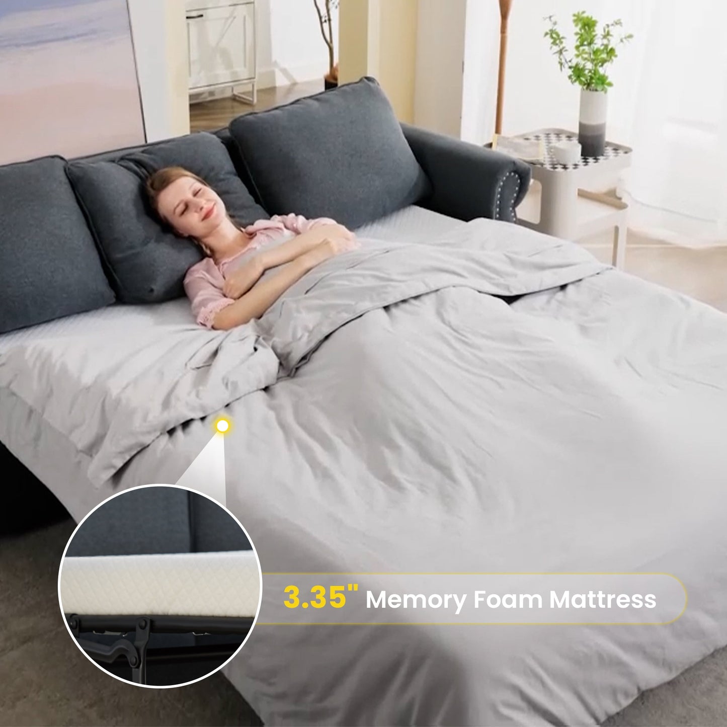 Muumblus Queen Size Pull Out Sofa Bed, 2-in-1 Convertible Sleeper Couches with Memory Foam Mattress, 3 Seat Sleeper Couch Beds for Living Room, Dark Gray