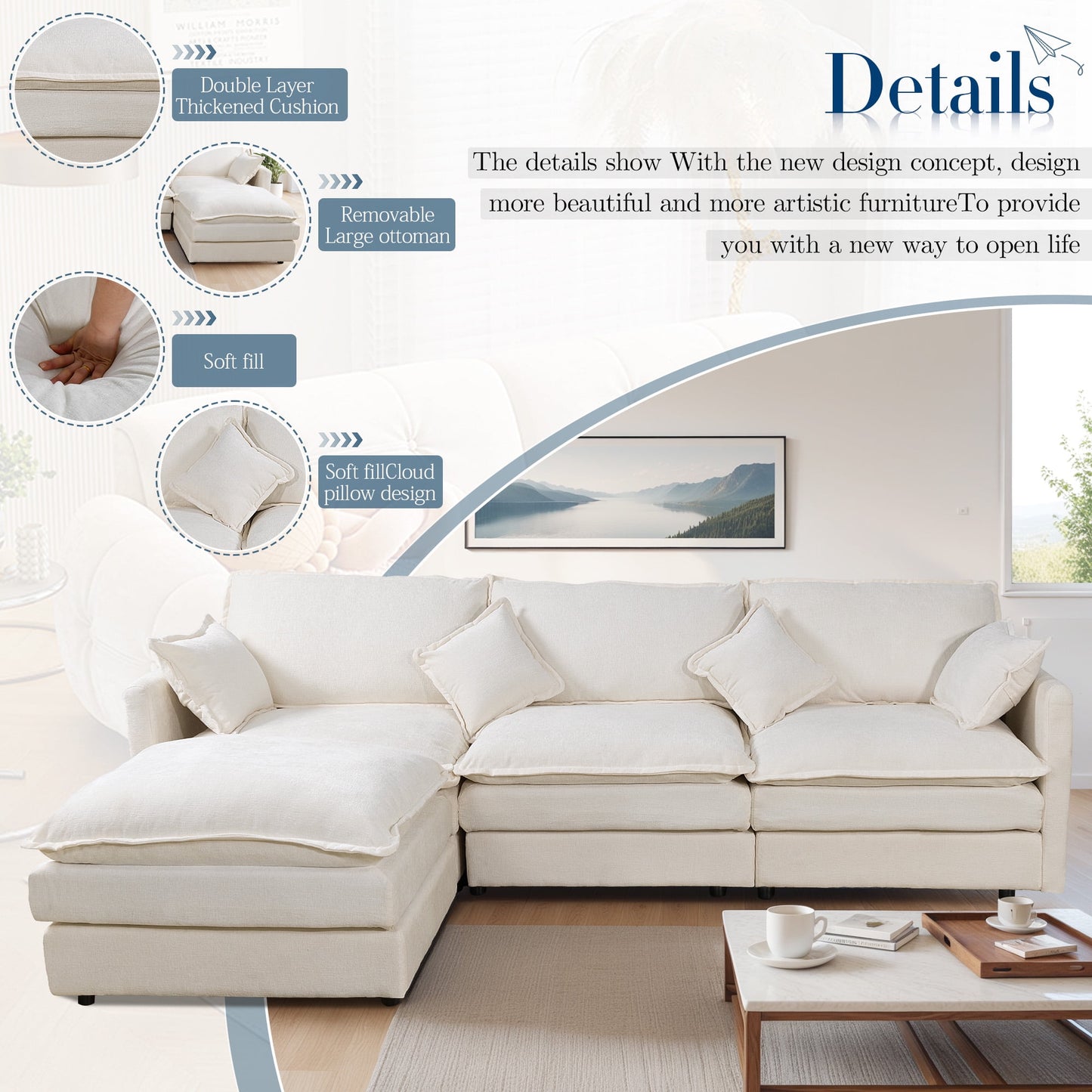 Muumblus Sectional Sofa Cloud Couch with Reversible Ottoman, L-Shaped Chenille Sofa for Living Rooms, Beige
