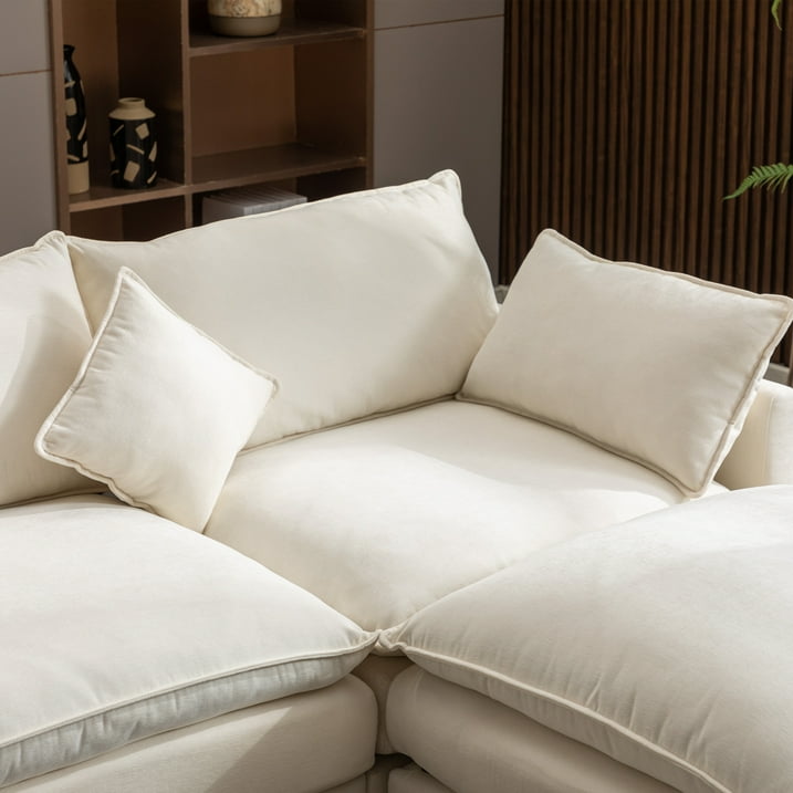 Muumblus L-Shaped Sectional Sofa with Reversible Ottoman, Chenille Modular Cloud Sofa for Living Room, Biege