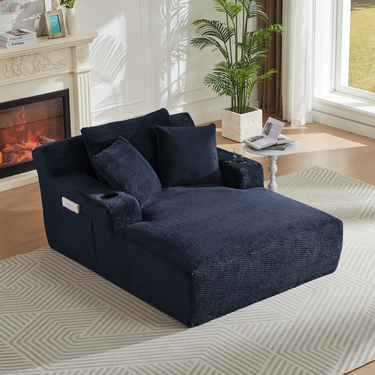 Muumblus Chaise Lounge Chair Indoor, Faux Fur Lounge Chair with Cup Holders, No Assembly Boneless Sleeper Sofa Bed for Living Room, Gray