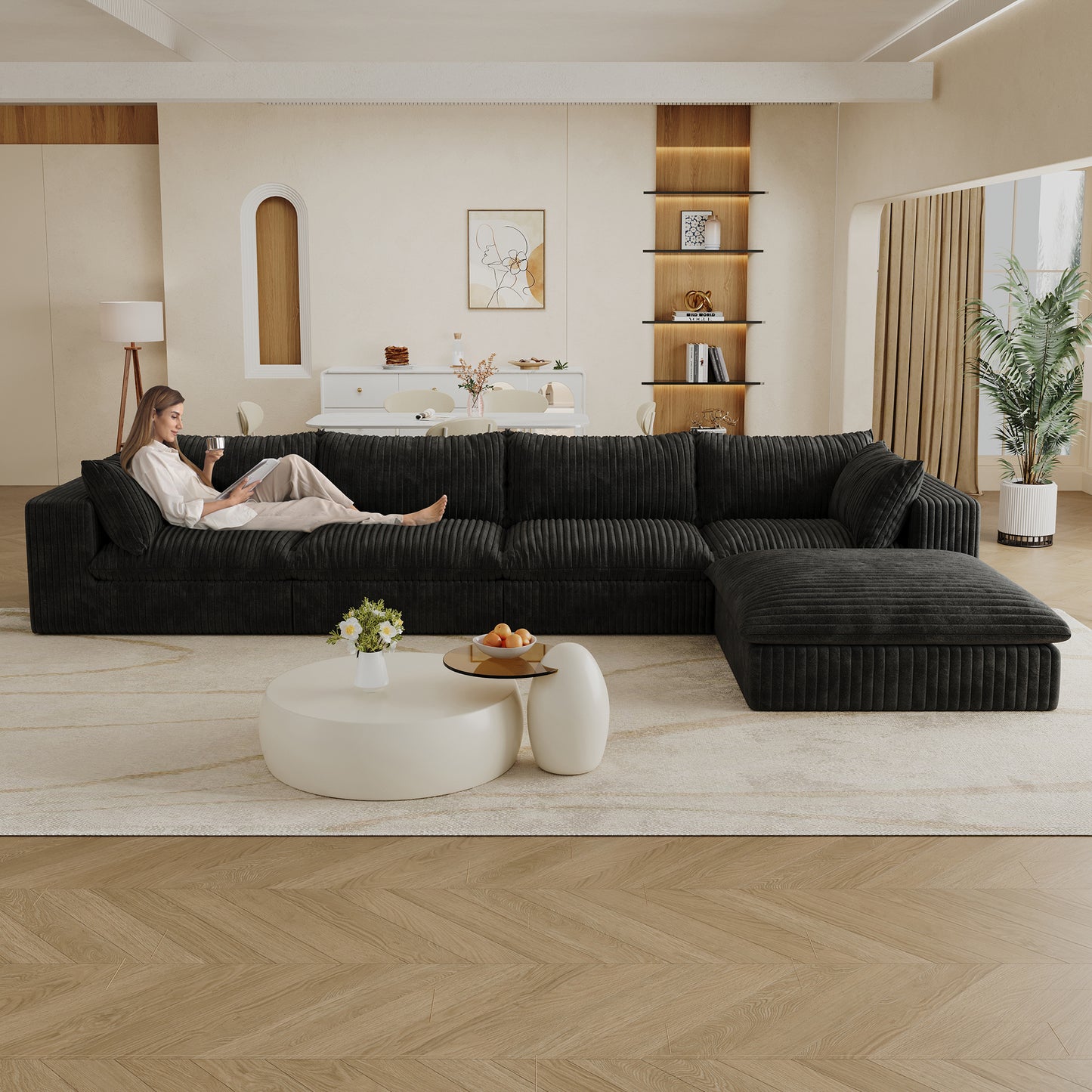Muumblus Modular Sectional Sofa with Movable Ottoman, L-Shaped Deep Seat Corduroy Cloud Couch, No Assembly Boneless Couches for Living Room, White