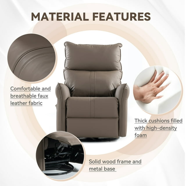 Muumblus Swivel Glider Recliner, Modern Upholstered Glider Rocker with Side Pockets, Tall Back Swivel Rocking Chair, Home Theater Seating for Living Room, Bedroom, Brown Faux Leather