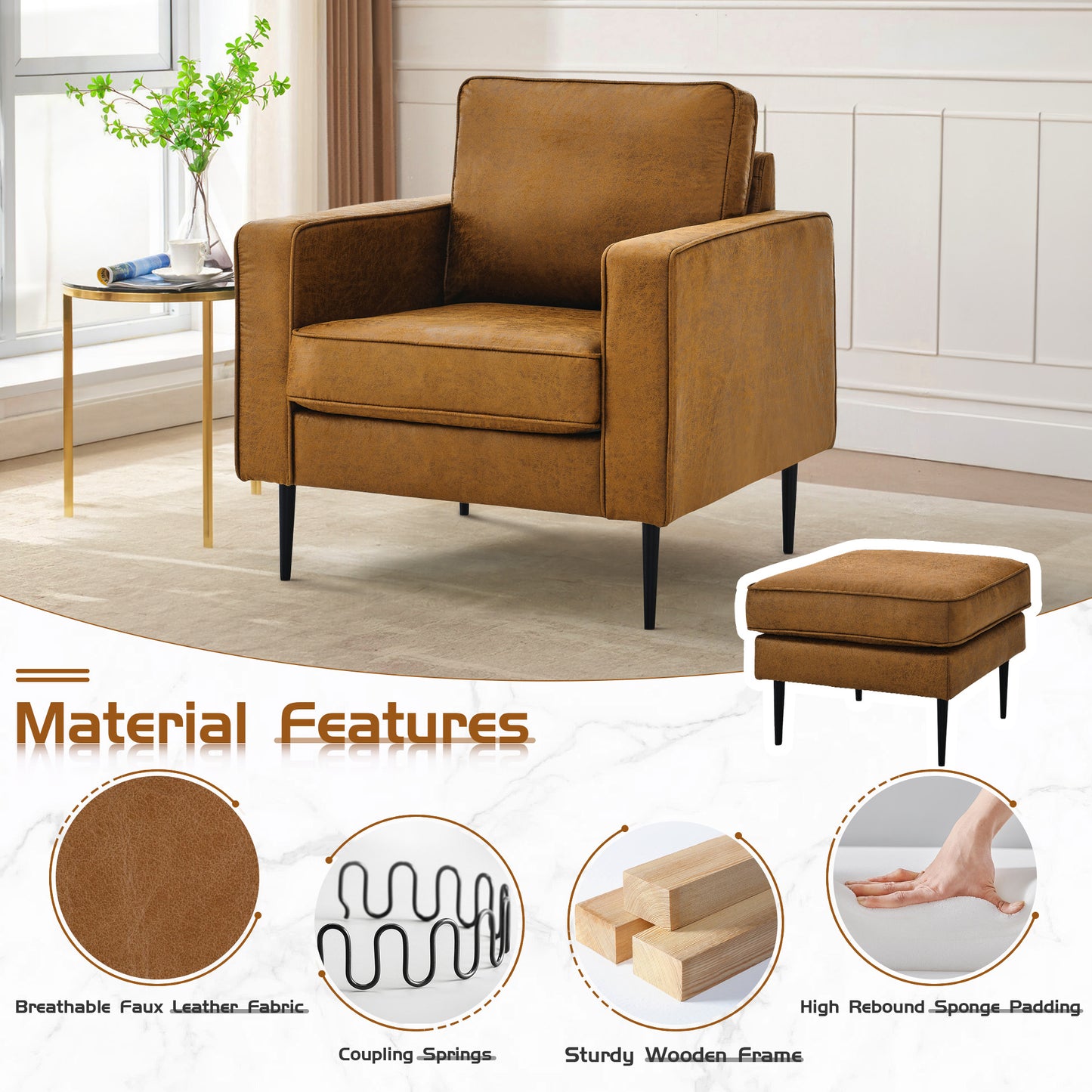 Muumblus Accent Chair with Ottoman, Upholstered Lounge Chiar in Brown Faux Leather