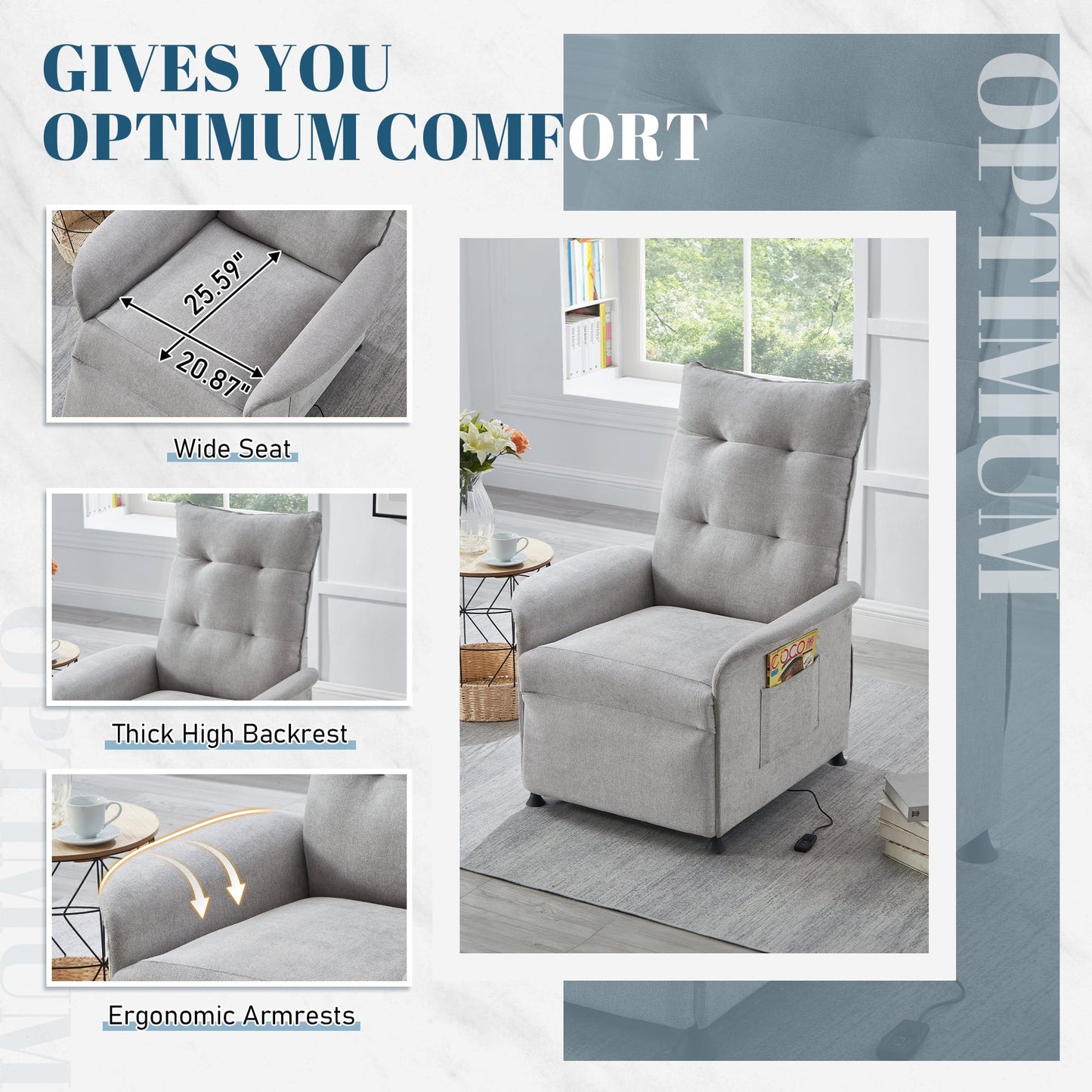 Muumblus High Back Power Recliner Sleeper Chair for Living Room, Bedroom, Light Gray Linen