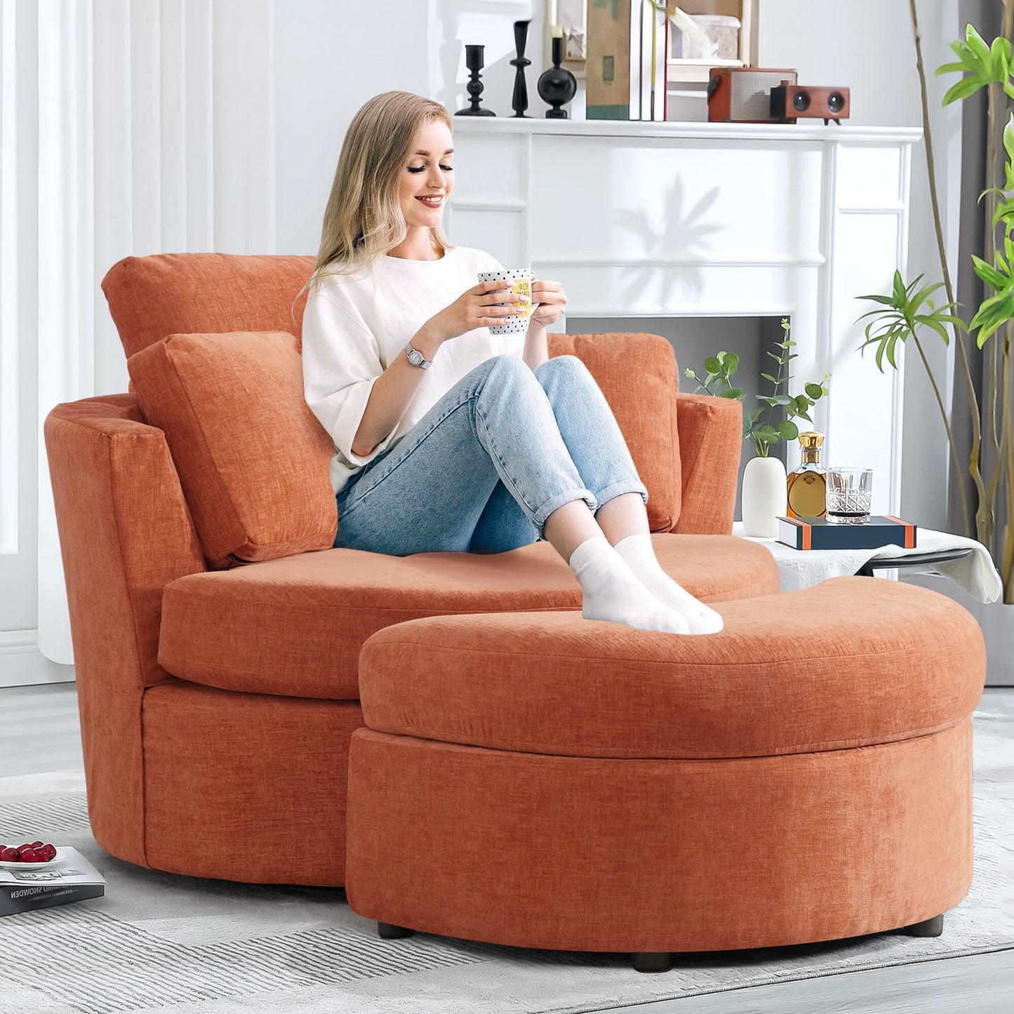 Muumblus Chenille Swivel Barrel Accent Chair with Storage Ottoman, Oversized Comfy Armchair for Living Room Bedroom
