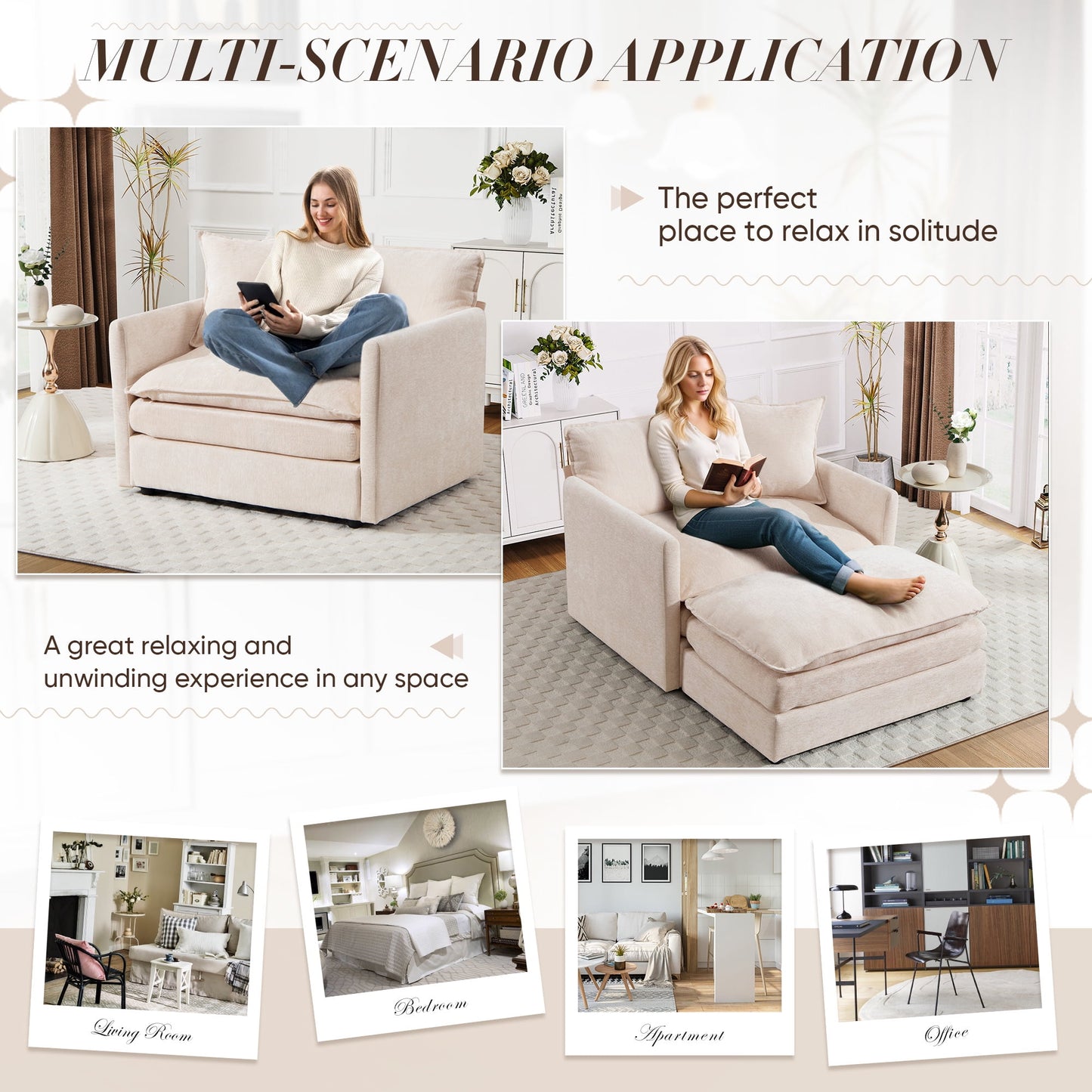 Muumblus Oversized Lounge Chair with Ottoman, Cloud Accent Armchair in Beige Chenille