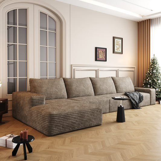 Muumblus 135" Cloud Sectional Sofa with Left Chaise, Cozy L-Shaped Modular Sofa, Plush Corduroy Sleeper Bed Couch, No Assembly Required, Black
