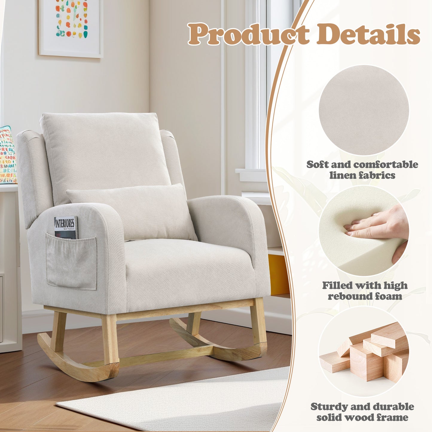 Muumblus Linen Glider Rocking Chair for Baby Nursery, High Back, Indoor, Beige