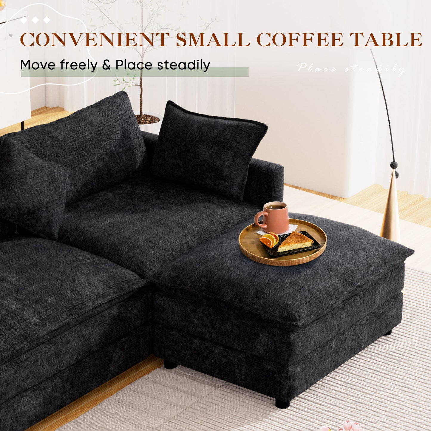 Muumblus Sectional Sofa Cloud Couch with Reversible Ottoman, L-Shaped Chenille Sofa for Living Rooms, Beige