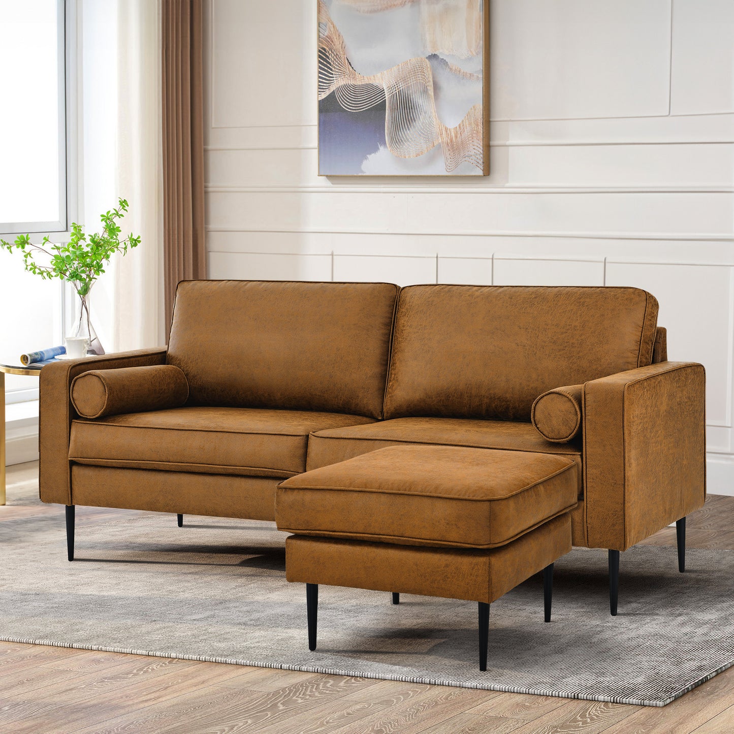 Muumblus Mid-Century Ottoman for Living Room, Foot Stool in Brown Faux Leather