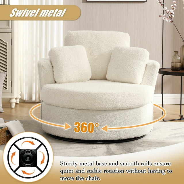 Muumblus Teddy Swivel Accent Chair Barrel Chair, Oversized Comfy Armchair with Pillows, Modern Leisure Sofa Chair for Living Room Bedroom, Ivory