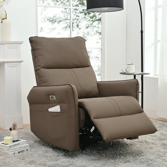 Muumblus Power Swivel Glider Rocker Recliner for Baby Nursery, Modern Upholstered High Back Leisure Home Theater Chair for Living Room, Brown Faux Leather