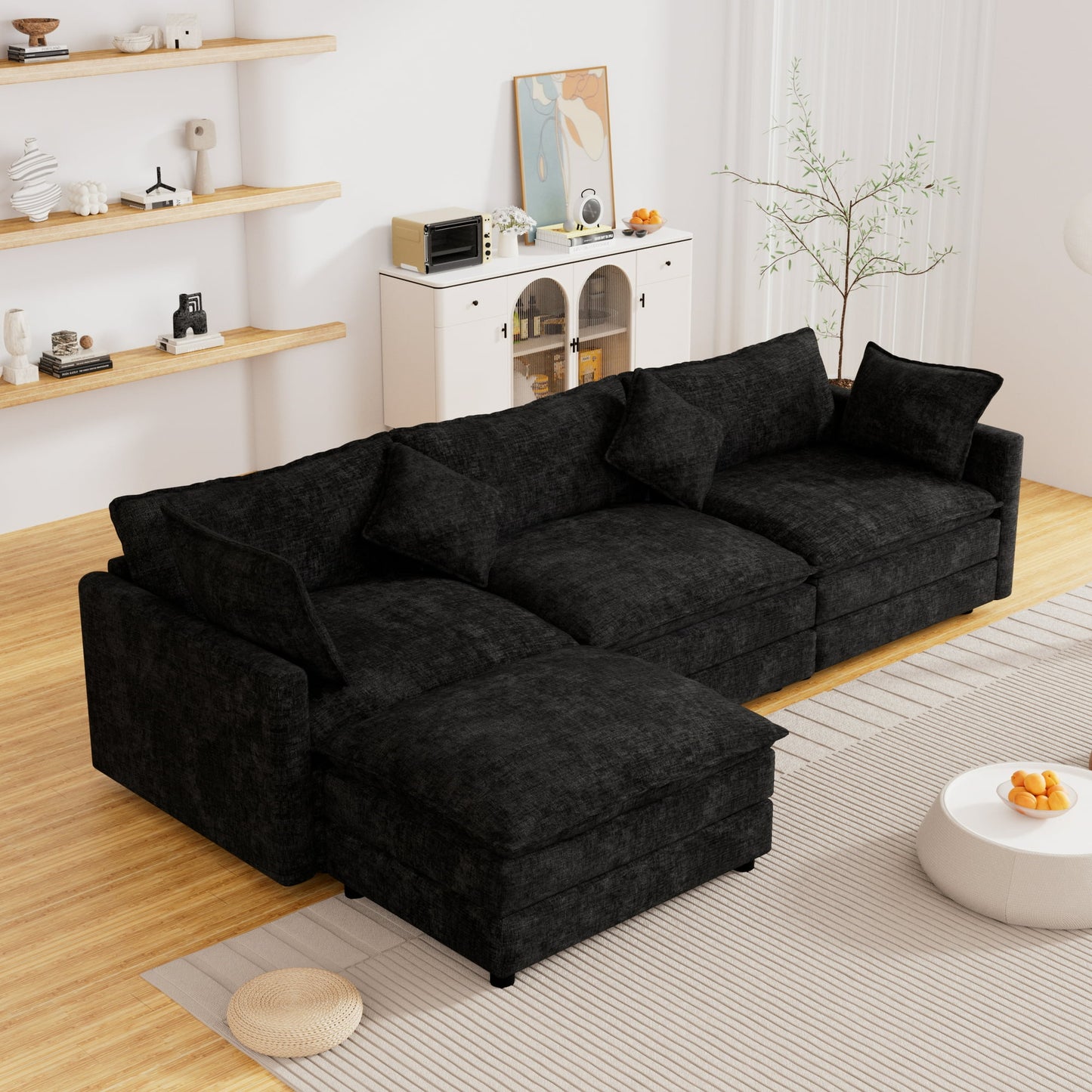 Muumblus Sectional Sofa Cloud Couch with Reversible Ottoman, L-Shaped Chenille Sofa for Living Rooms, Beige